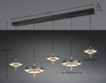 Lampa wisząca Keaton w kolorze czarnym i złotym, z pięcioma źródłami LED o mocy 50W. Utrzymana w nowoczesnym stylu, z okrągłymi kloszami o średnicy 200 mm i 300 mm, zawieszona na cienkich linkach. Wymiary: 1290 mm szerokości, 1500 mm długości.