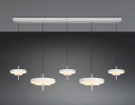 Lampa wisząca Keaton z pięcioma źródłami LED, moc 50W, w kolorze szarym. Okrągłe klosze zawieszone na cienkich, czarnych linkach, montowane na prostokątnej podstawie. Przeznaczona do nowoczesnych wnętrz.