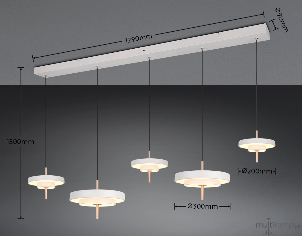 Lampa wisząca Keaton z pięcioma okrągłymi kloszami LED w szarym kolorze, zawieszona na czarnych linkach. Wymiary: długość 1290 mm, wysokość 1500 mm, średnica kloszy 300 mm i 200 mm. Minimalistyczny design, idealna do nowoczesnych wnętrz.