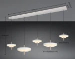Lampa wisząca Keaton z pięcioma okrągłymi kloszami LED w szarym kolorze, zawieszona na czarnych linkach. Wymiary: długość 1290 mm, wysokość 1500 mm, średnica kloszy 300 mm i 200 mm. Minimalistyczny design, idealna do nowoczesnych wnętrz.