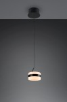 Czarna lampa wisząca Dios z jednym źródłem światła LED 8W. Okrągły, matowy klosz z białym wykończeniem i czarną obręczą, zawieszona na cienkim przewodzie. Ujęcie z dołu, na jednolitym szarym tle.