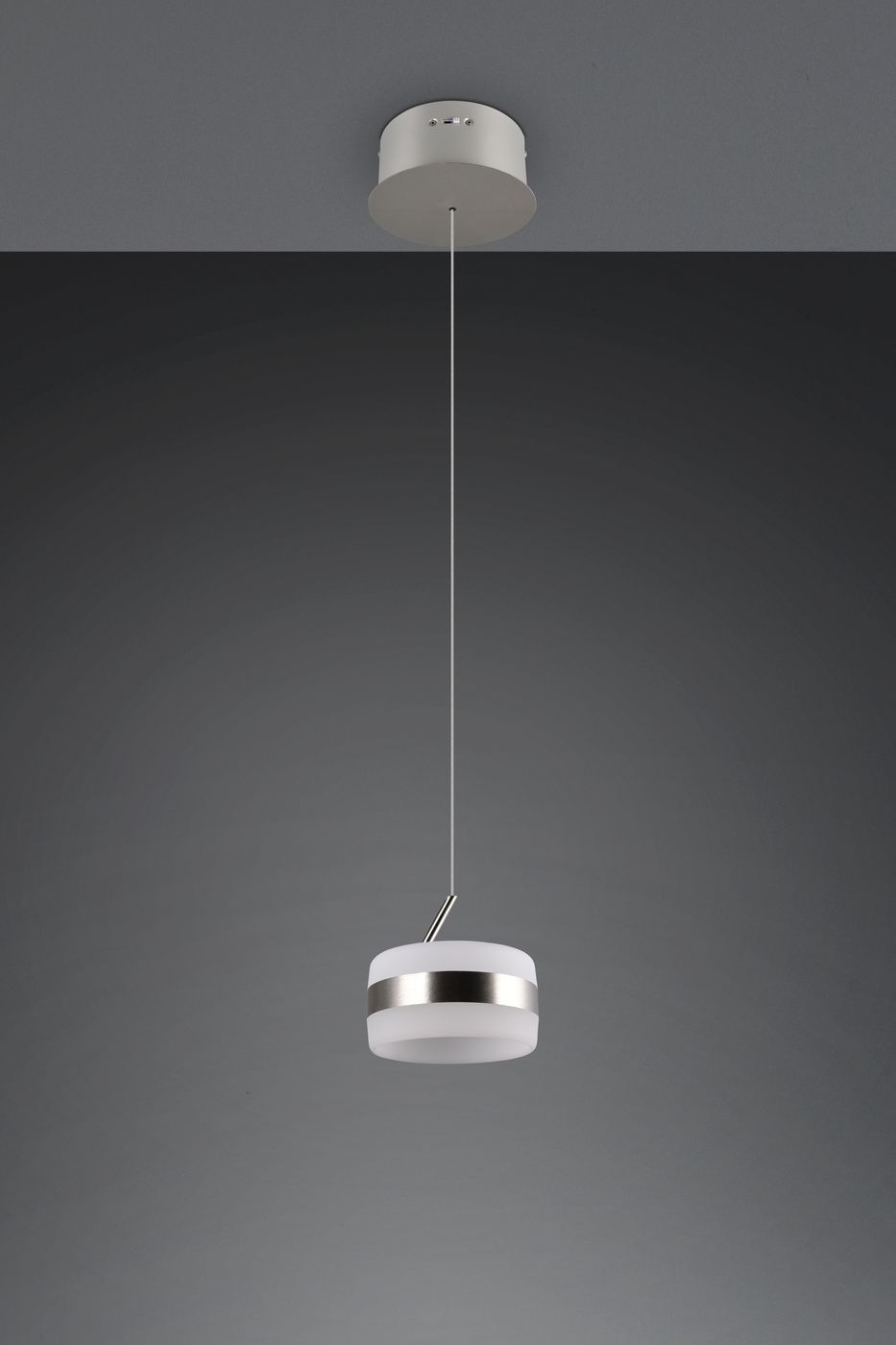Lampa wisząca Dios z płaskim, okrągłym kloszem w kolorze białym, z metalowym wykończeniem w kolorze niklu. Zawieszona na cienkim przewodzie, umieszczona w centralnej pozycji. Wyposażona w 1 źródło LED 8W CCT, idealna do nowoczesnych wnętrz.