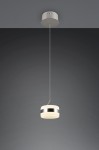 Lampa wisząca Dios z jednym źródłem LED 8W, w kolorze niklowym, z okrągłym kloszem z białego szkła i metalowym wykończeniem. Ujęcie z boku, zawieszona na cienkim kablu, w minimalistycznym, ciemnym tle.