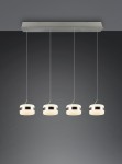 Lampa wisząca Dios z czterema źródłami LED, o mocy 32W, w kolorze niklowym. Okrągłe klosze z przezroczystym wykończeniem wiszą na cienkich linkach z metalowym stelażem, zawieszone na prostokątnej podstawie. Tło ciemnoszare.