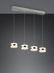 Lampa wisząca Dios z czterema okrągłymi kloszami LED o średnicy 32W, wykonana z niklu i białego szkła. Klosze zawieszone na cienkich linkach, umieszczone na prostokątnej podstawie. Tło ciemnoszare, podkreślające nowoczesny design.