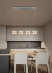 Lampa wisząca Dios z czterema oprawami LED, 32W, w kolorze niklowym. Okrągłe klosze z przezroczystym detalem, zawieszone na cienkich linkach, umieszczone nad stołem w nowoczesnej kuchni. Proste, eleganckie wzornictwo.