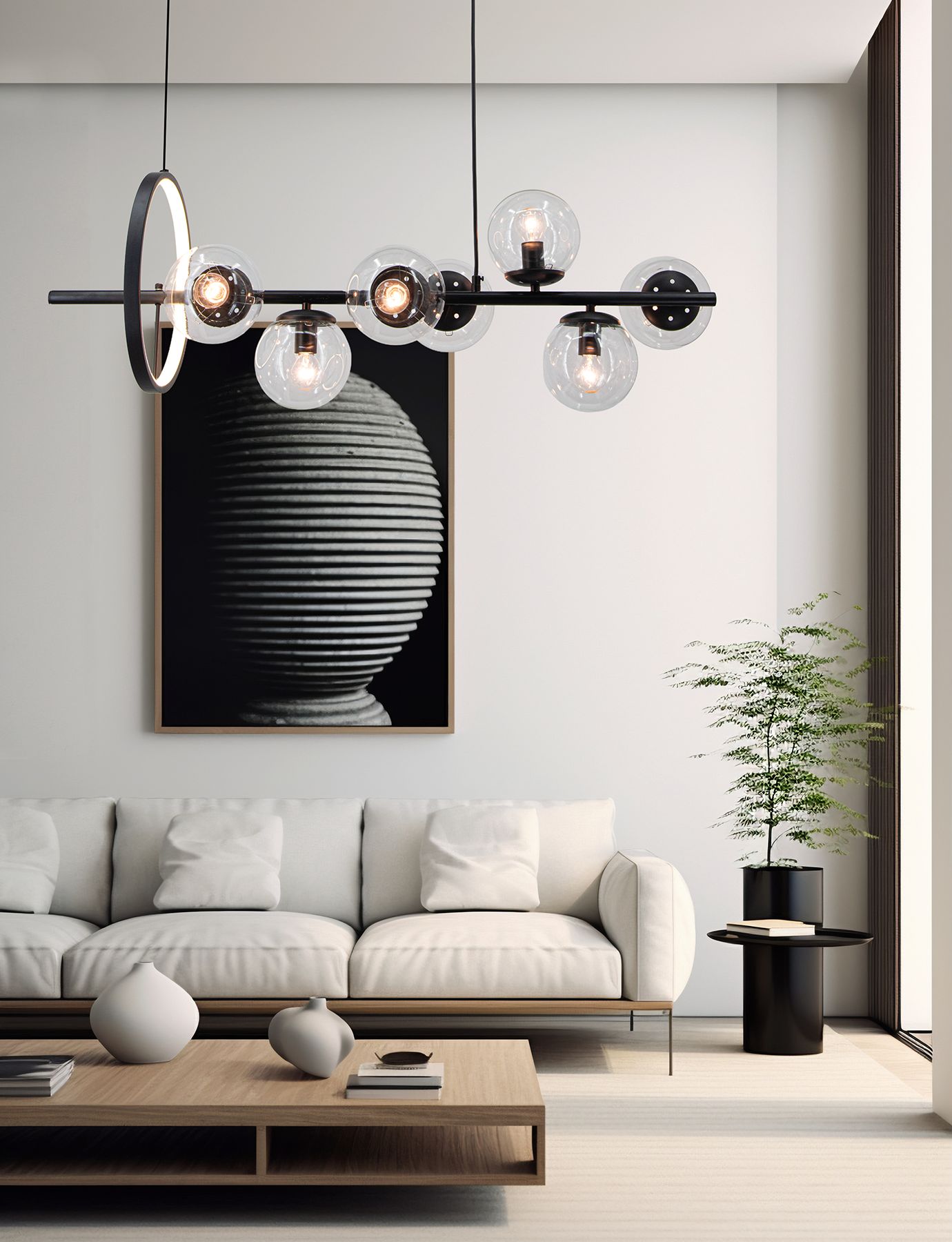 Lampa wisząca Galaxy, czarna, z siedmioma oprawami na żarówki E14 i jedną LED. Okrągły element w metalowym wykończeniu, przezroczyste klosze. Zawieszona nad stołem w nowoczesnym wnętrzu, z tłem w postaci czarno-białej grafiki.