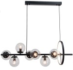 Lampa wisząca Galaxy czarna z siedmioma szklanymi kulami na żarówki E14 i jednym źródłem LED. Konstrukcja z metalowym stelażem, zawieszona na cienkim przewodzie. Stylowy, nowoczesny design z okrągłym detalem.