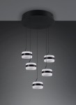 Lampa wisząca Dios z pięcioma źródłami LED o mocy 40W, w kolorze czarnym. Okrągłe klosze z białym wykończeniem i czarnymi paskami, zawieszone na cienkich linkach, montowane na okrągłej podsufitce. Tło szare, minimalistyczne.