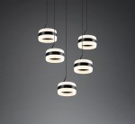 Lampa wisząca Dios z pięcioma okrągłymi oprawami LED, w kolorze czarnym z białymi detalami. Zawieszona na cienkich linkach, idealna do nowoczesnych wnętrz, prezentująca minimalistyczny design.