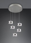 Lampa wisząca Dios z pięcioma źródłami LED, moc 40W, w kolorze niklowym. Okrągłe klosze z białym szkłem, zawieszone na cienkich linkach. Całość zamontowana na okrągłej podstawie sufitowej, w minimalistycznym stylu.