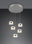 Lampa wisząca Dios z pięcioma okrągłymi kloszami LED w kolorze niklowym, zawieszona na cienkich linkach. Klasyczne wzornictwo z białymi, matowymi kloszami i metalowymi obręczami. Ujęcie z góry na szarym tle, z równym rozmieszczeniem elementów.