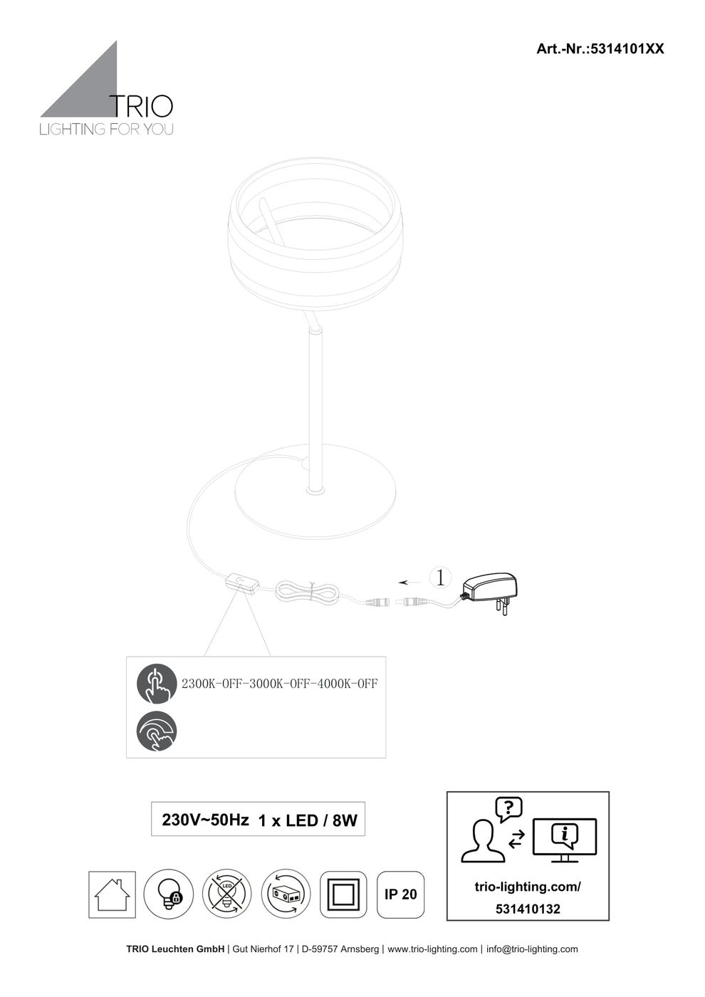 Lampa stołowa Dios z jedną żarówką LED 8W w kolorze niklowym. Kształt okrągłej głowicy z możliwością regulacji temperatury barwowej (2300K, 3000K, 4000K). Ustawiona w pionie, z widocznym kablem zasilającym oraz włącznikiem.