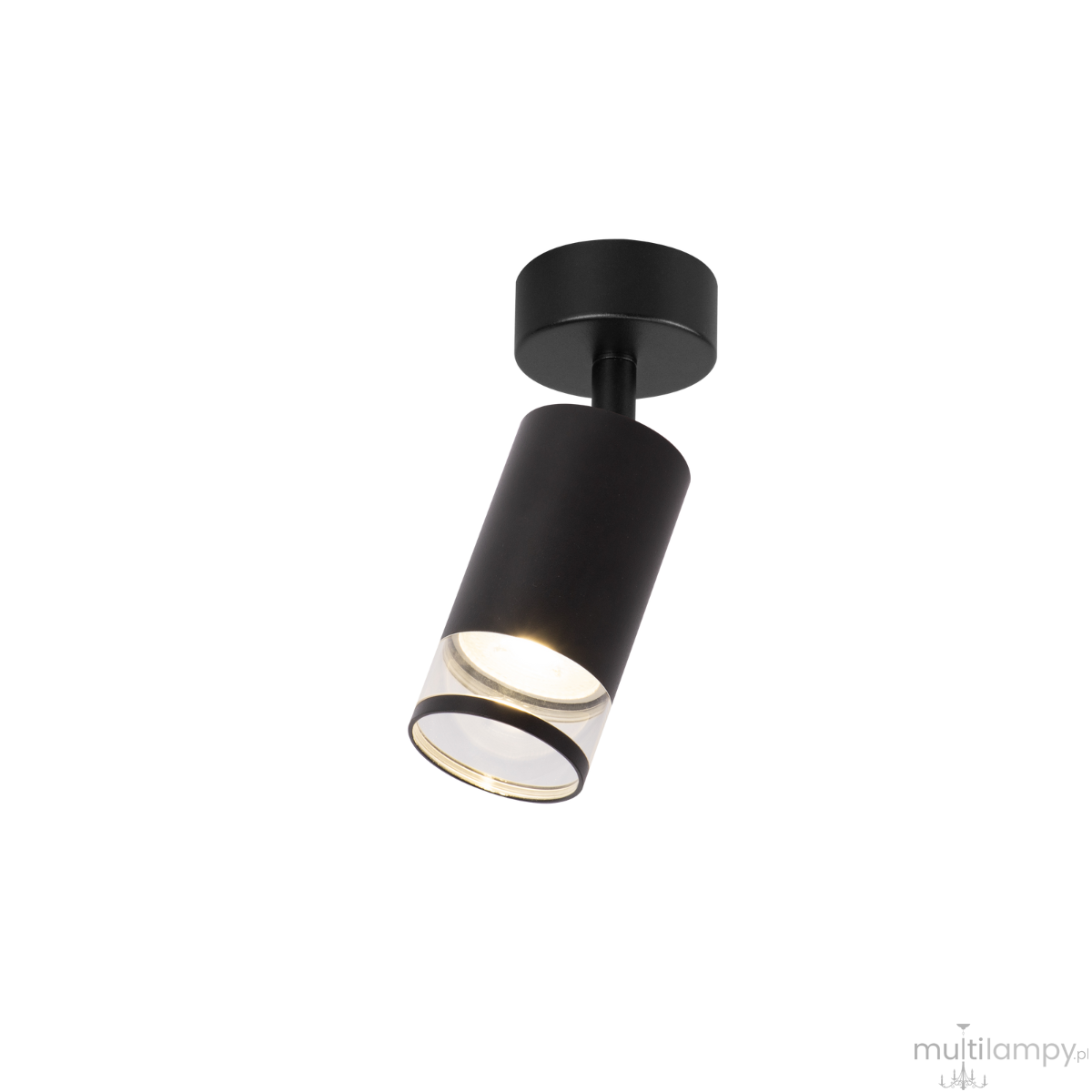 Lampa sufitowa Virella w kolorze czarnym, z metalowym cylindrycznym kloszem i przezroczystym elementem. Zawieszona na okrągłej podstawie, skierowana w dół. Przeznaczona do żarówki GU10, idealna do oświetlenia wnętrz.