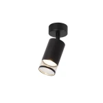 Lampa sufitowa Virella w kolorze czarnym, z metalowym cylindrycznym kloszem i przezroczystym elementem. Zawieszona na okrągłej podstawie, skierowana w dół. Przeznaczona do żarówki GU10, idealna do oświetlenia wnętrz.
