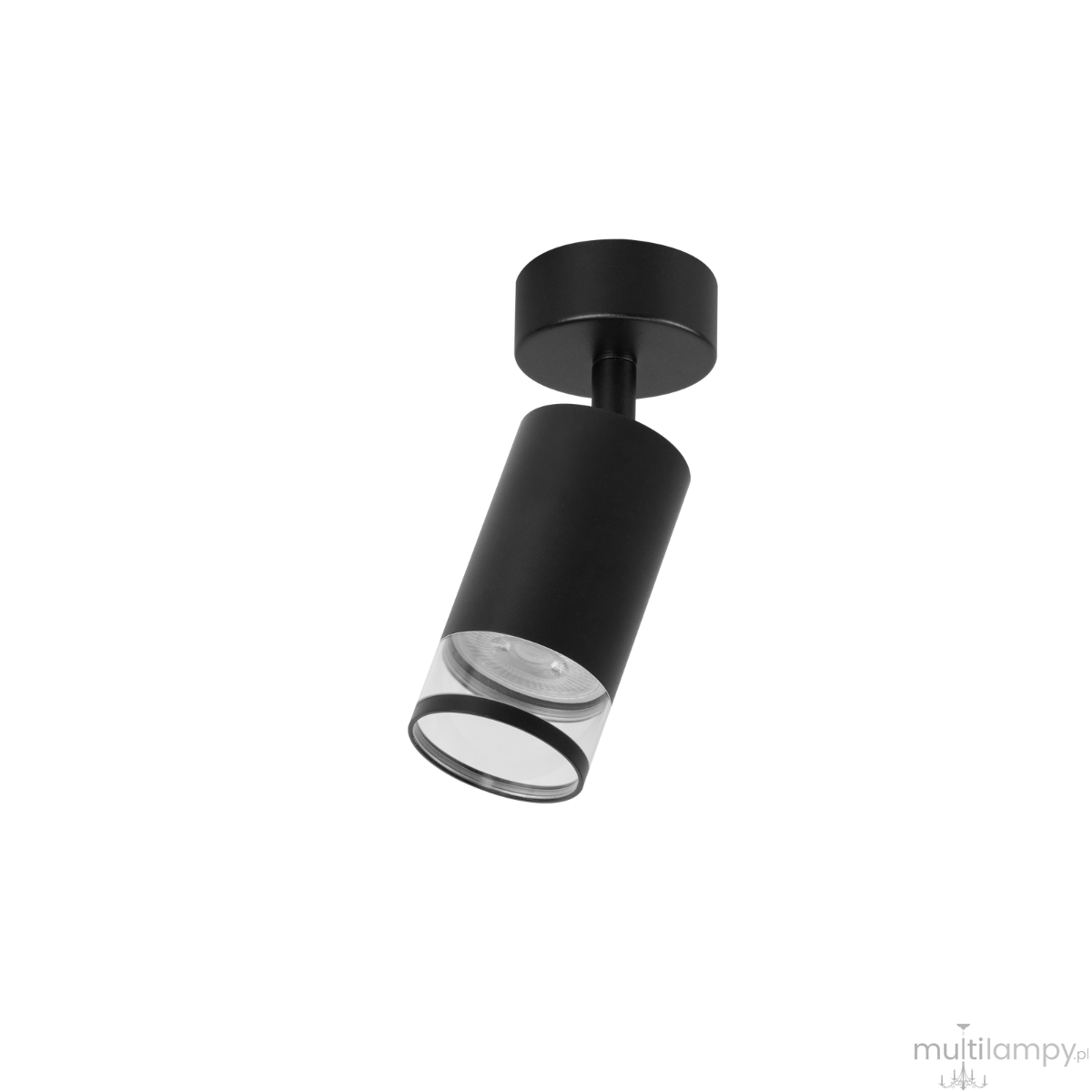 Lampa sufitowa Virella w kolorze czarnym, z pojedynczym kloszem w formie cylindrycznej, wykonana z metalu i szkła. Ujęcie z dołu, montowana na suficie, z widoczną żarówką GU10 w szklanym elemencie. Prosta, nowoczesna forma.