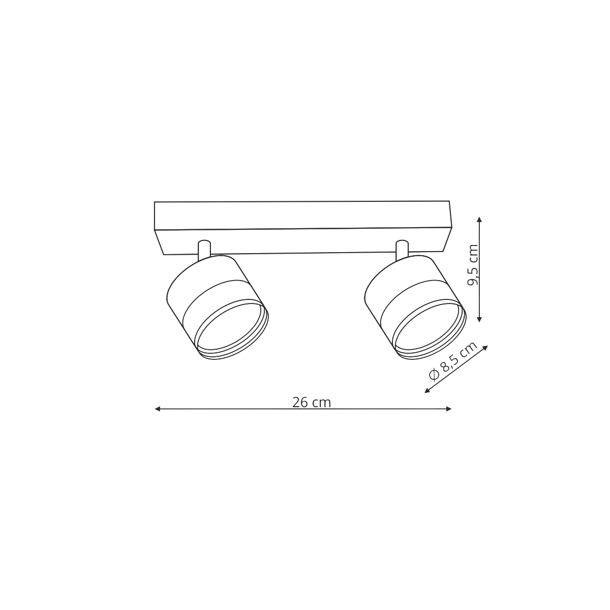 Lampa sufitowa Kendal w kolorze białym z dwoma reflektorami GX53. Wymiary: długość 26 cm, wysokość 9,5 cm, średnica reflektora 8,5 cm. Konstrukcja montowana na suficie, z okrągłymi kloszami ustawionymi na metalowej podstawie.