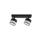 Lampa sufitowa Kendal w kolorze czarnym z dwoma reflektorami 2xGX53. Reflektory o okrągłym kształcie z przezroczystymi kloszami, zamontowane na prostokątnej podstawie. Ujęcie frontalne, produkt zamontowany na suficie.