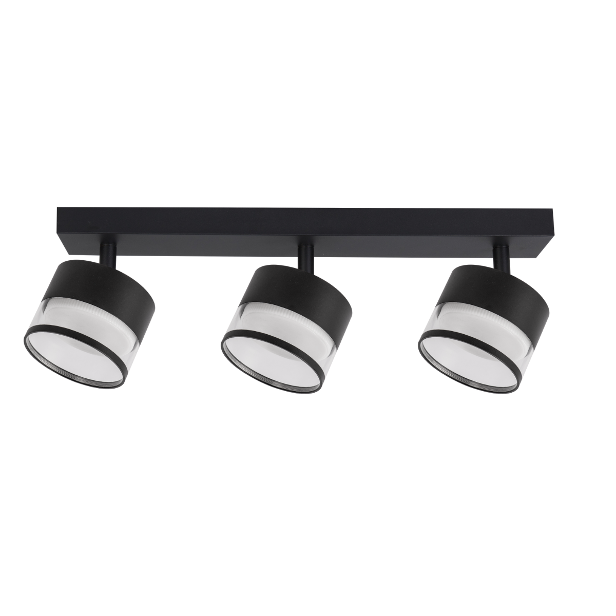 Czarna lampa sufitowa Kendal z trzema reflektorami GX53. Ułożona poziomo, z cylindrycznymi kloszami z przezroczystego szkła. Metalowa konstrukcja, minimalistyczny design, idealna do nowoczesnych wnętrz.