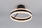 Lampa sufitowa Dios 1xLED 21W CCT w kolorze czarnym, w kształcie okręgu z białym pierścieniem. Montowana na suficie, z widocznym metalowym elementem, prezentuje nowoczesny design. Tło jasnoszare, co podkreśla elegancję lampy.