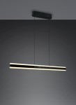 Lampa wisząca Arcola w kolorze czarnym, z wbudowanym źródłem LED 35W CCT. Prosty, długi kształt z białym podświetleniem na krawędziach, zawieszona na dwóch cienkich linkach. Montaż sufitowy na prostokątnej podstawie.