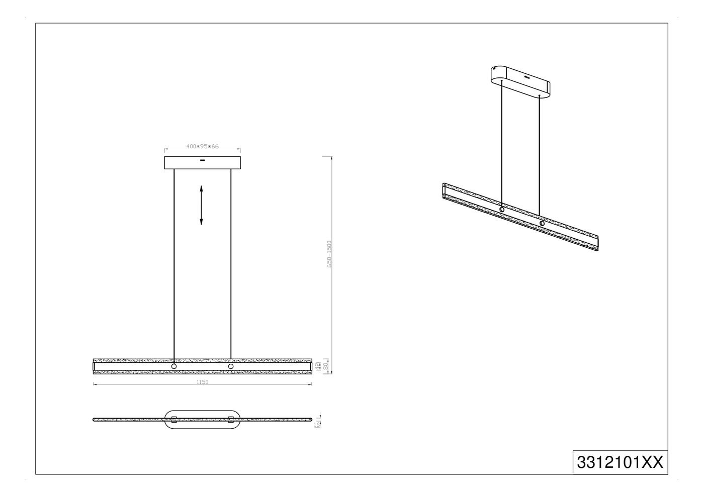 Lampa wisząca Arcola 1xLED 35W CCT w kolorze czarnym, o prostokątnym kształcie. Ujęcie frontalne, zawieszona na regulowanej długości przewodach, z płaskim, minimalistycznym kloszem. Wymiary: 1150 mm długości, 95 mm szerokości, 66 mm wysokości.