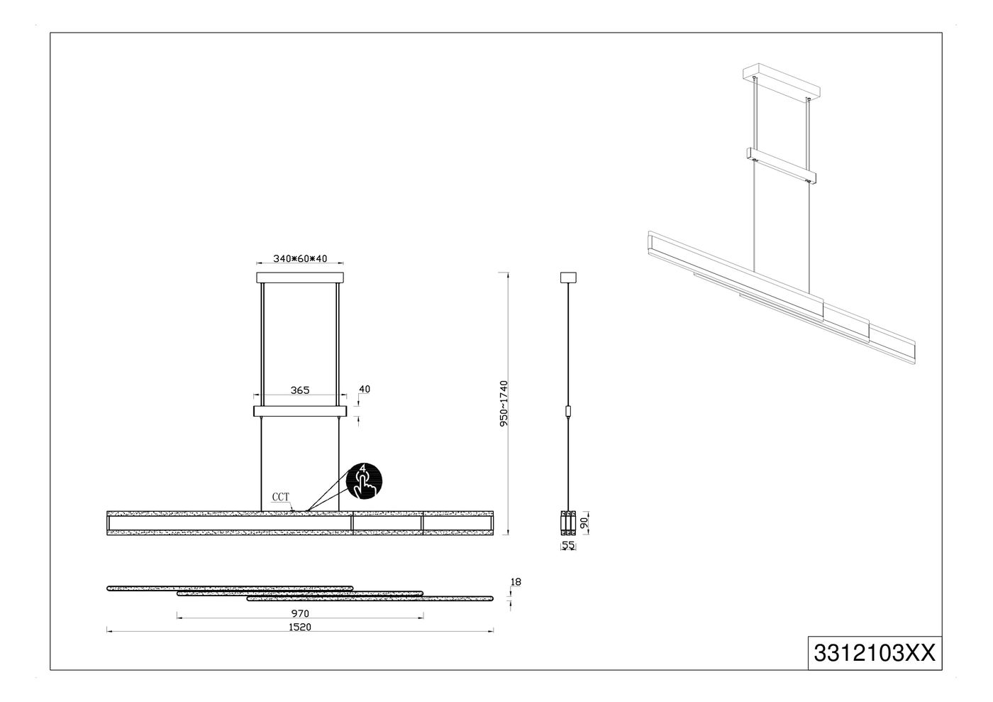 Lampa wisząca Arcola z jedną diodą LED 45W CCT w kolorze czarnym. Prosta, prostokątna konstrukcja o wymiarach 1520x40 mm, zawieszona na cienkich linkach. Widoczne elementy montażowe oraz oznaczenia techniczne.