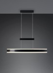 Lampa wisząca Arcola z jedną diodą LED 45W w kolorze czarnym. Prosta, prostokątna forma z metalowym wykończeniem. Powieszona na cienkich linkach, z górnym elementem montującym w czerni. Tło ciemne, podkreślające elegancki design.