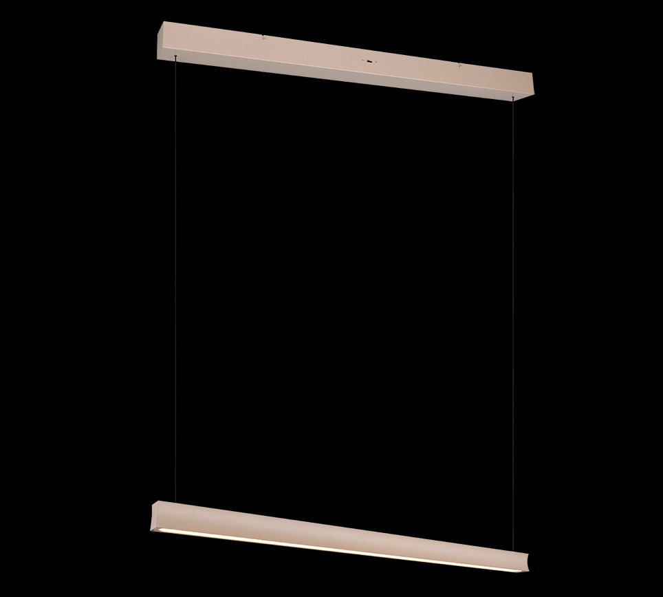 Beżowa lampa wisząca Wallace z jedną diodą LED 29W, o prostokątnym kształcie. Zawieszona na cienkich linkach, minimalistyczny design, idealna do nowoczesnych wnętrz. Ujęcie frontalne na tle czarnym.