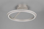 Lampa sufitowa Amador w kolorze niklowym z jednym źródłem światła LED o mocy 34W. Okrągła konstrukcja z białym, podświetlonym obrzeżem, zamontowana na suficie. Ujęcie z dołu, ukazujące detal i kształt lampy.