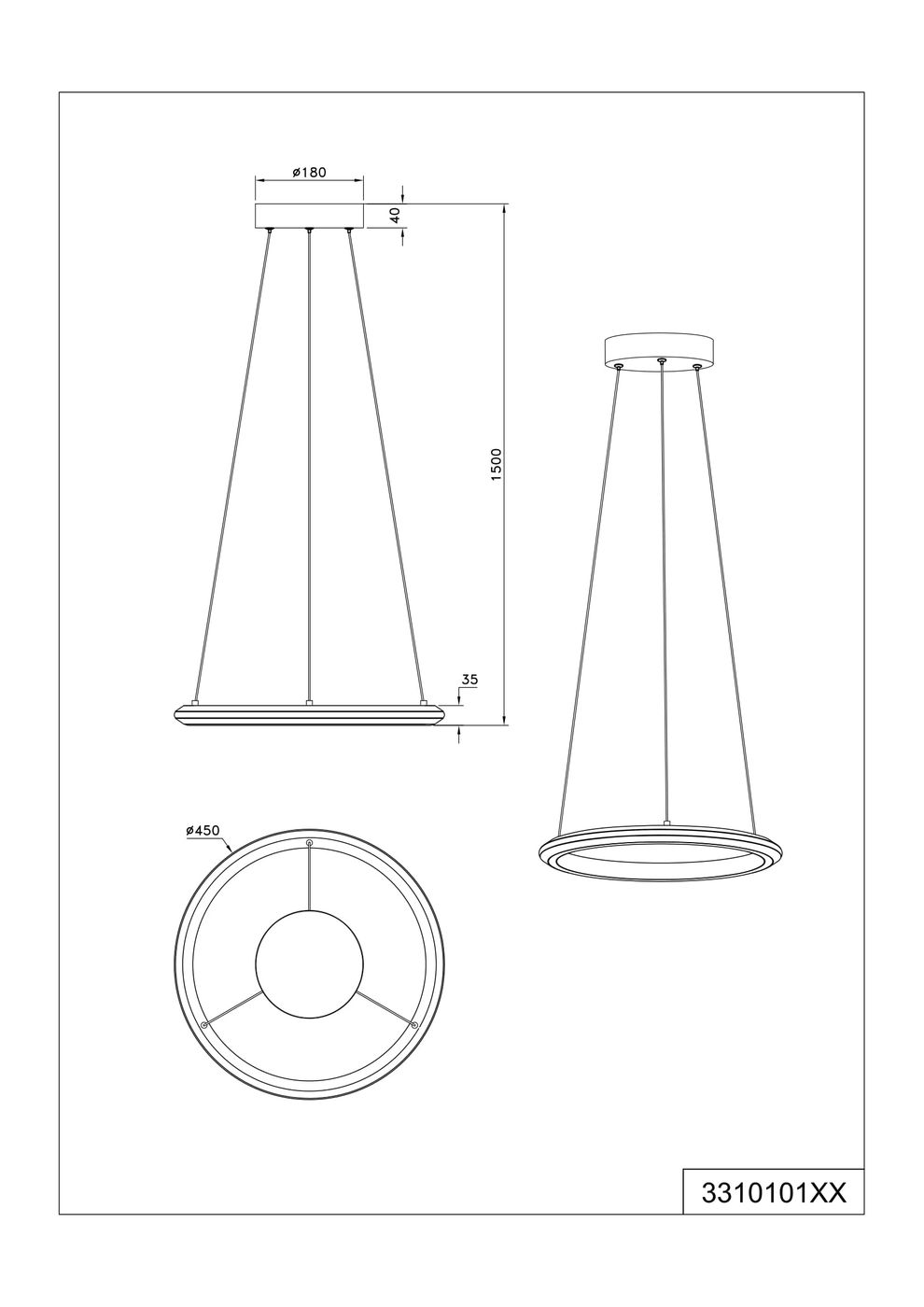 Lampa wisząca Amador w kolorze czarnym, z jedną diodą LED o mocy 34W. Posiada stożkowy kształt i średnicę 450 mm. Widok z boku i od dołu, z zamocowaniem sufitowym. Długość zwisu wynosi 1500 mm.