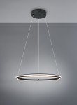 Lampa wisząca Amador w kolorze czarnym, z okrągłym kloszem LED 48W CCT. Zawieszona na cienkich linkach, prezentuje minimalistyczny design. Klosz emituje światło w otoczeniu szarym, co podkreśla jego nowoczesny charakter.