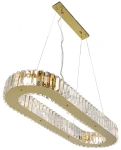 Lampa wisząca Windsor 8xE14 w kolorze złotym, o nowoczesnym, podwójnym kształcie w formie elipsy. Wykonana z przezroczystego materiału z dekoracyjnymi, prostokątnymi elementami. Zawieszona na regulowanych linach, z metalowym mocowaniem sufitowym.