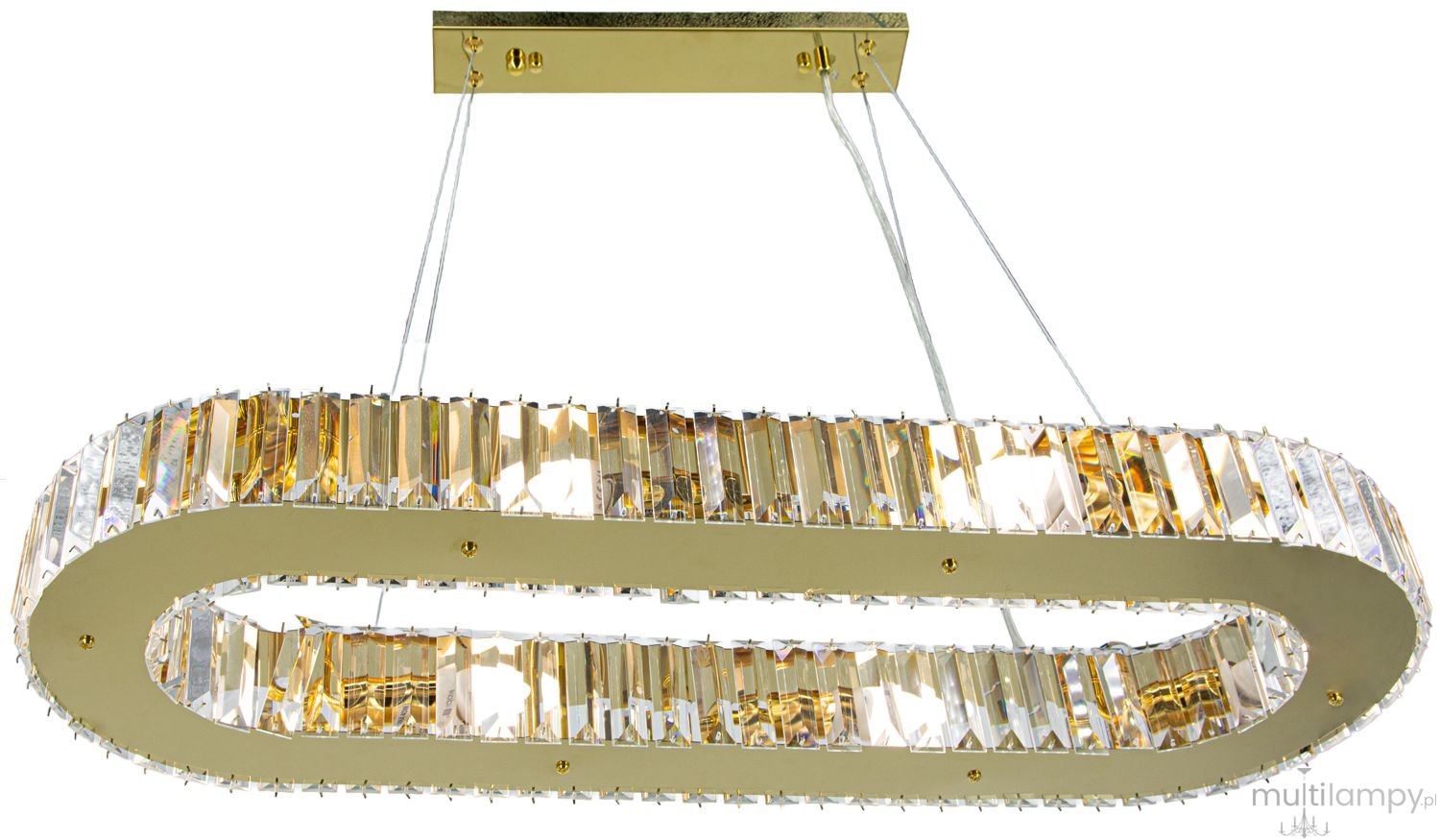 Lampa wisząca Windsor w kształcie elipsy, złota, z 8 gniazdami E14. Posiada przezroczyste, teksturowane dekoracje z kryształów, zawieszona na cienkich sznurach. Ujęcie z dołu, pokazujące detale konstrukcji i wykończenia.