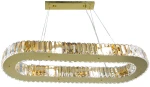 Lampa wisząca Windsor w kształcie elipsy, złota, z 8 gniazdami E14. Posiada przezroczyste, teksturowane dekoracje z kryształów, zawieszona na cienkich sznurach. Ujęcie z dołu, pokazujące detale konstrukcji i wykończenia.