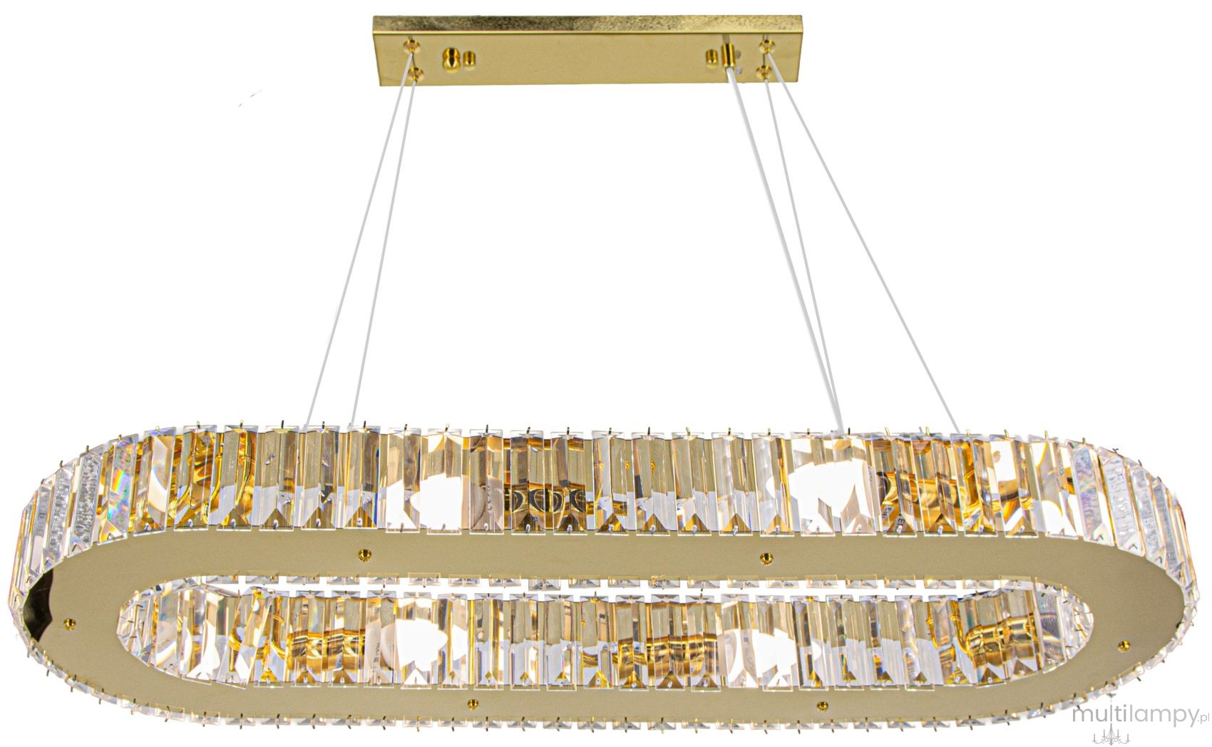 Lampa wisząca Windsor 8xE14 w złotym kolorze, o owalnym kształcie, z przezroczystymi kryształkami. Ujęcie z dołu, pokazujące zawieszenie na dwóch linkach. Wymiary lampy podkreślają elegancki design, idealny do nowoczesnych wnętrz.
