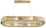 Lampa wisząca Windsor 8xE14 w złotym kolorze, o owalnym kształcie, z przezroczystymi kryształkami. Ujęcie z dołu, pokazujące zawieszenie na dwóch linkach. Wymiary lampy podkreślają elegancki design, idealny do nowoczesnych wnętrz.