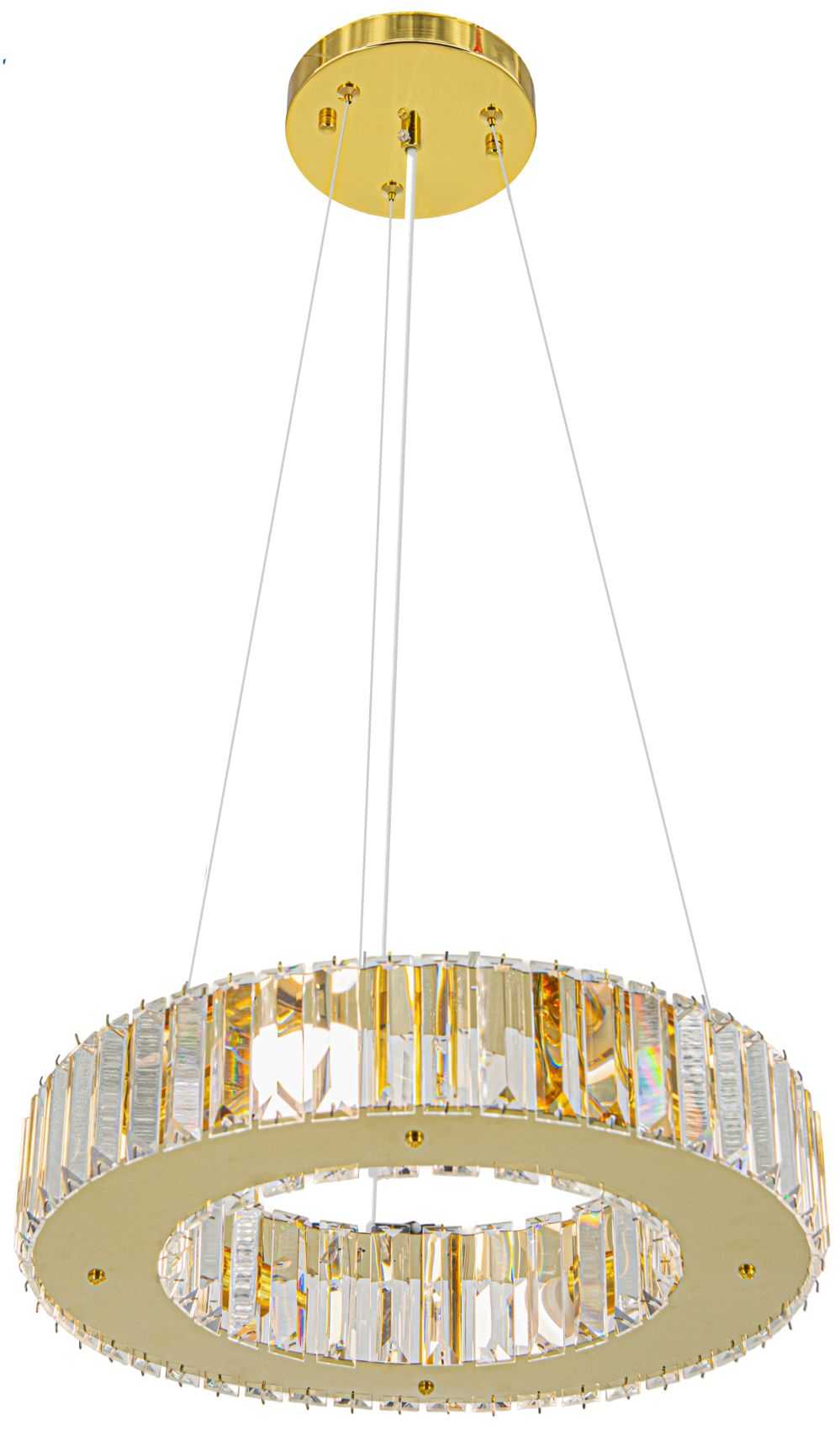 Lampa wisząca Windsor 4xE14 w kolorze złotym, o okrągłym kształcie. Posiada przezroczyste, szklane elementy w formie prostokątów zdobiących obręcz. Zawieszona na cienkich linkach, montowana do sufitu, idealna do eleganckich wnętrz.