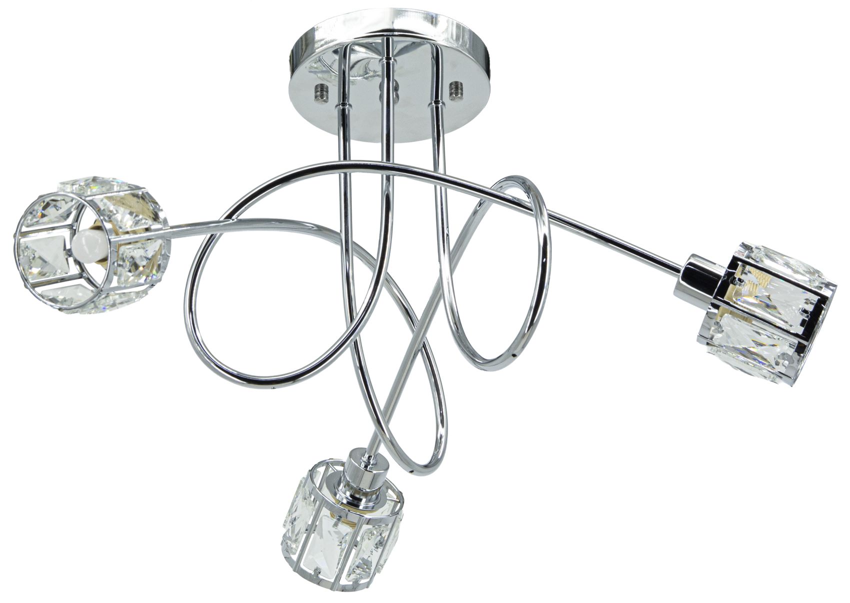 Lampa wisząca Aurora w kolorze chromu z trzema oprawami E14. Wykonana z metalowych elementów i kryształowych kloszy, o nowoczesnym, organicznym kształcie, zawieszona na okrągłej podstawie. Ujęcie z dołu, ukazujące detale lampy.