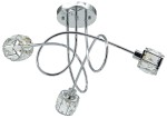 Lampa wisząca Aurora w kolorze chromu z trzema oprawami E14. Wykonana z metalowych elementów i kryształowych kloszy, o nowoczesnym, organicznym kształcie, zawieszona na okrągłej podstawie. Ujęcie z dołu, ukazujące detale lampy.