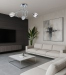 Lampa wisząca Aurora 3xE14 w chromowanej obudowie, z trzema kloszami w kształcie kostek. Zamontowana na suficie, otoczona nowoczesnym wnętrzem z jasnymi meblami i dużą rośliną w tle. Idealna do salonów.
