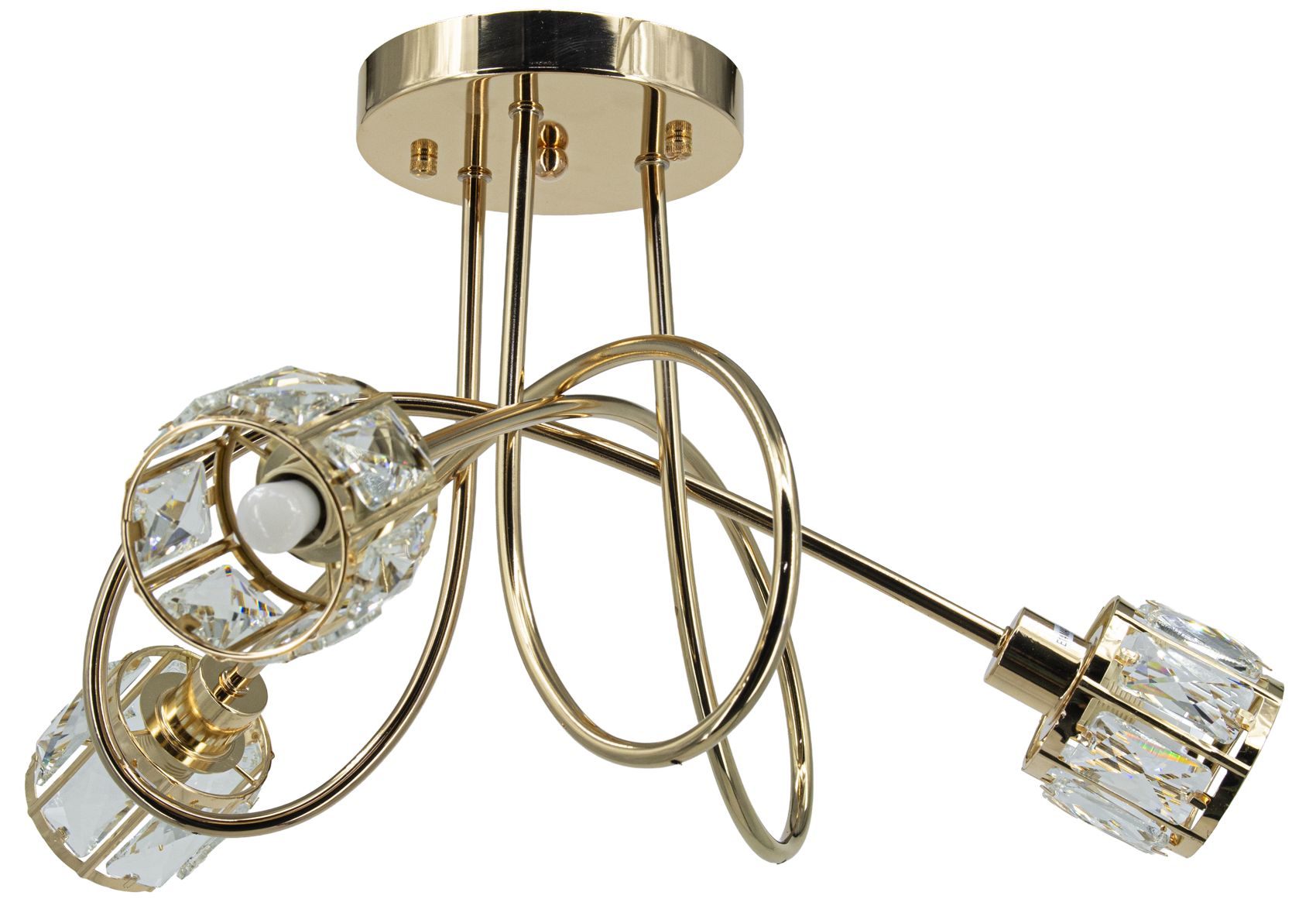 Lampa wisząca Aurora 3xE14 w kolorze złotym, z trzema szklanymi kloszami o kształcie cylindrycznym, umieszczonymi na falistych metalowych ramionach. Widoczna mocna konstrukcja, lśniąca powierzchnia i ozdobne kryształowe detale.