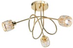 Lampa wisząca Aurora 3xE14 w kolorze złotym z trzema kloszami z przezroczystego szkła w geometrycznym kształcie. Klosze umieszczone na giętych, złotych ramionach. Ujęcie z dołu, ukazujące szczegóły konstrukcji i materiałów.