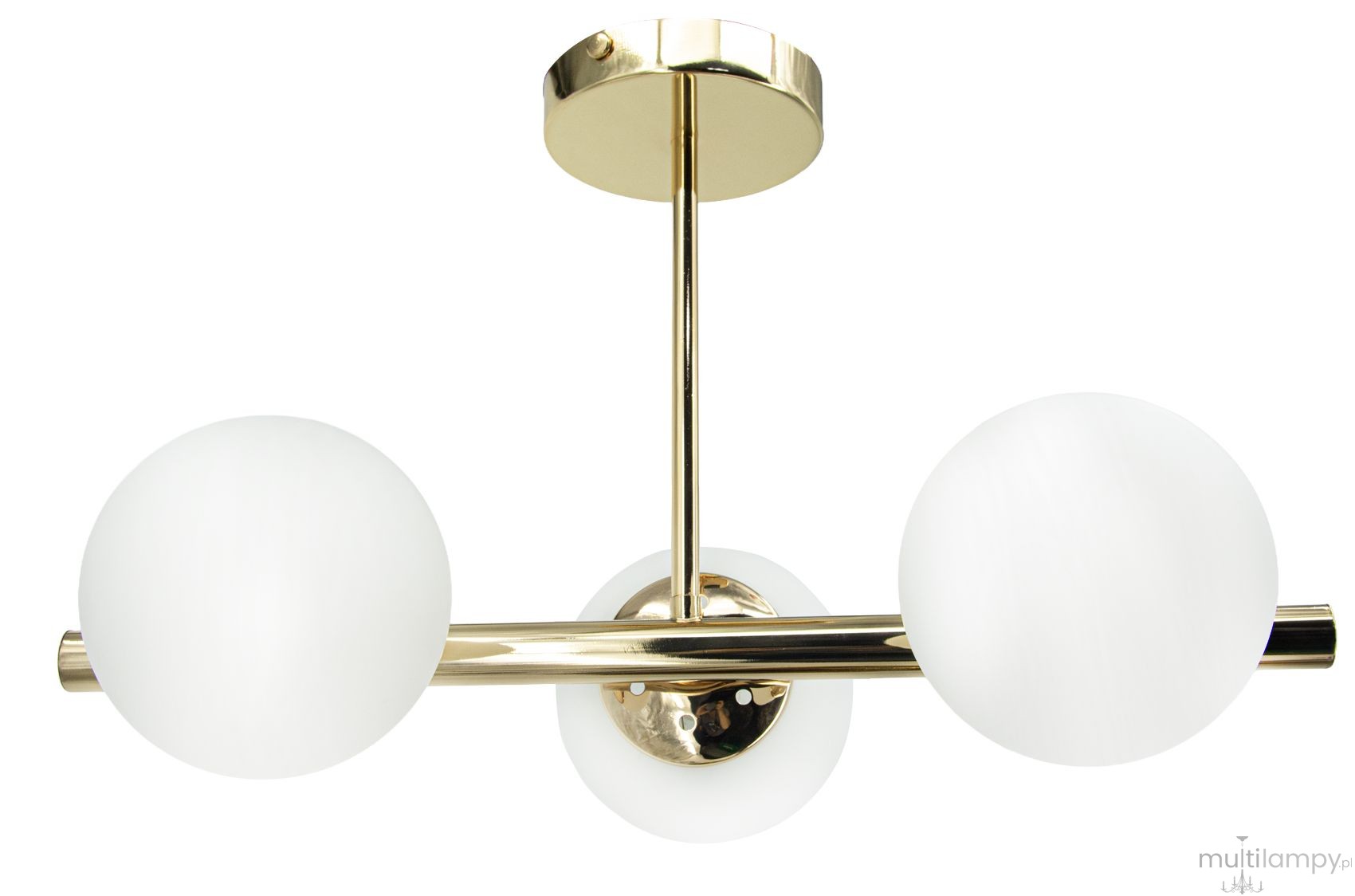 Lampa sufitowa Otis 3xE27 w kolorze złotym, z trzema białymi kulistymi kloszami. Ujęcie frontalne, lampa zawieszona na złotej podstawie, z poziomą rurką łączącą klosze. Wysoka jakość materiałów, minimalistyczny design.