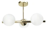 Lampa sufitowa Otis 3xE27 w kolorze złotym, z trzema białymi kulistymi kloszami. Ujęcie frontalne, lampa zawieszona na złotej podstawie, z poziomą rurką łączącą klosze. Wysoka jakość materiałów, minimalistyczny design.