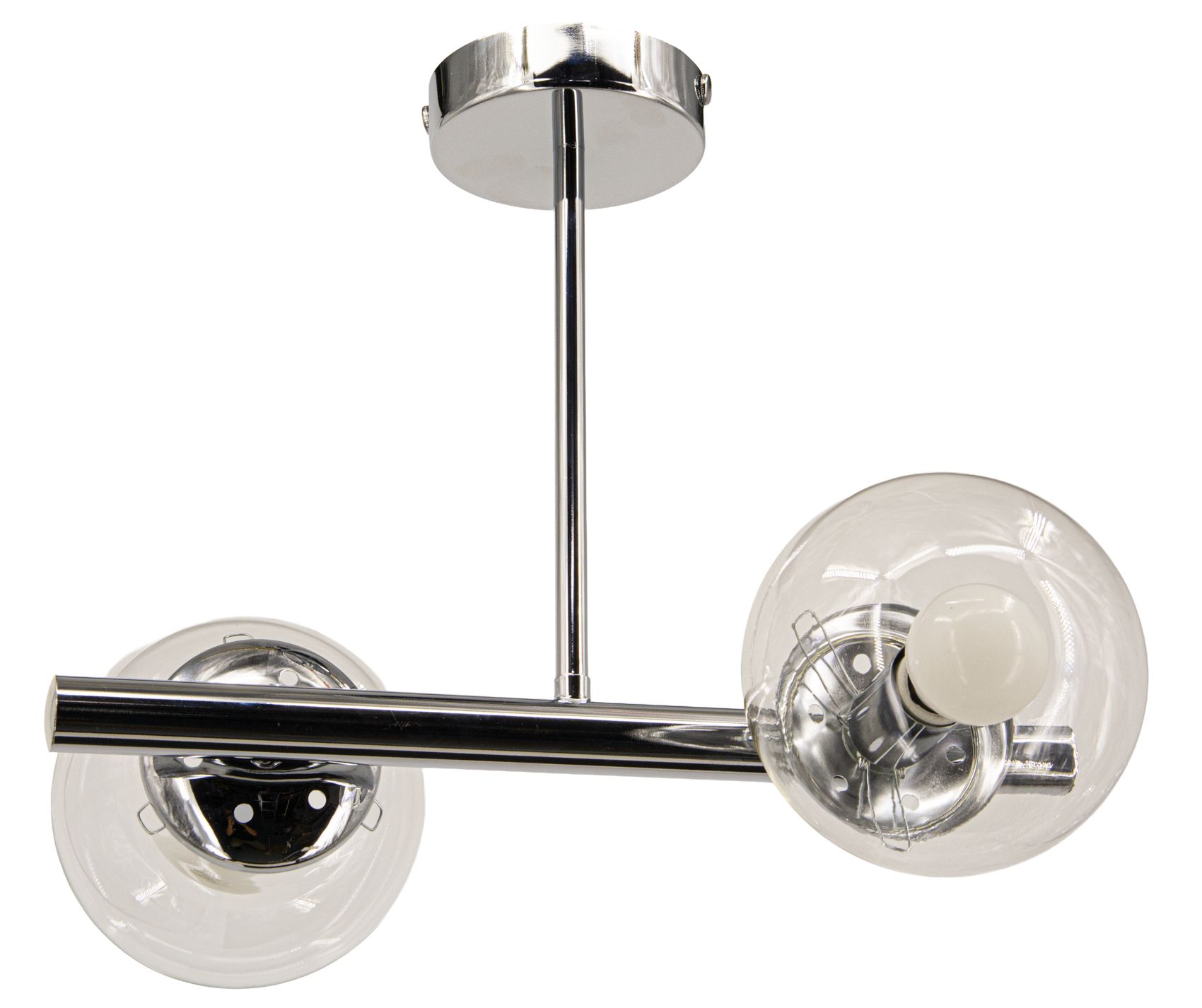 Lampa wisząca Otis 2xE27 w kolorze chromowanym. Posiada dwa okrągłe klosze z przezroczystego szkła, zawieszone na metalowym stelażu. Ujęcie z góry, ukazujące konstrukcję i miejsce na żarówki. Proste tło, które podkreśla elegancki design lampy.
