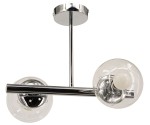 Lampa wisząca Otis 2xE27 w kolorze chromowanym. Posiada dwa okrągłe klosze z przezroczystego szkła, zawieszone na metalowym stelażu. Ujęcie z góry, ukazujące konstrukcję i miejsce na żarówki. Proste tło, które podkreśla elegancki design lampy.