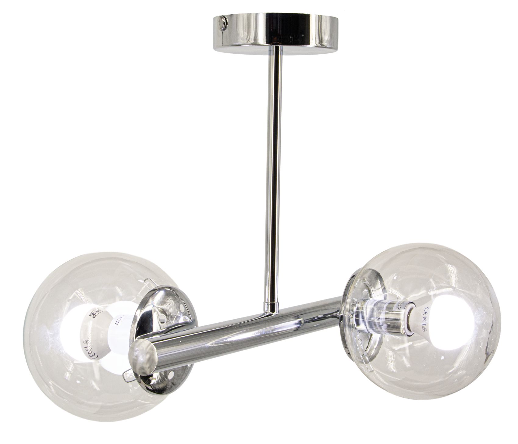 Lampa wisząca Otis 2xE27 w kolorze chromu. Posiada dwa okrągłe klosze z przezroczystego szkła, zamontowane na chromowanej rurze. Ujęcie z boku, z widocznym sufitem montażowym. Idealna do nowoczesnych wnętrz.