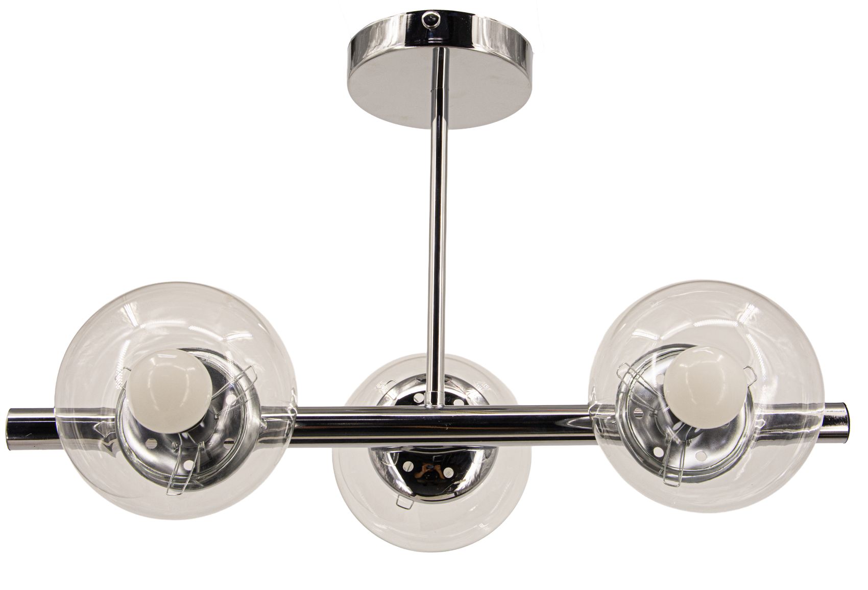 Lampa wisząca Otis w kolorze chromu z trzema przezroczystymi kloszami w kształcie kul. Klosze osadzone na metalowym ramieniu, przymocowane do okrągłej podstawy sufitowej. Widok z góry, ukazujący detale mocowania i żarówek E27.