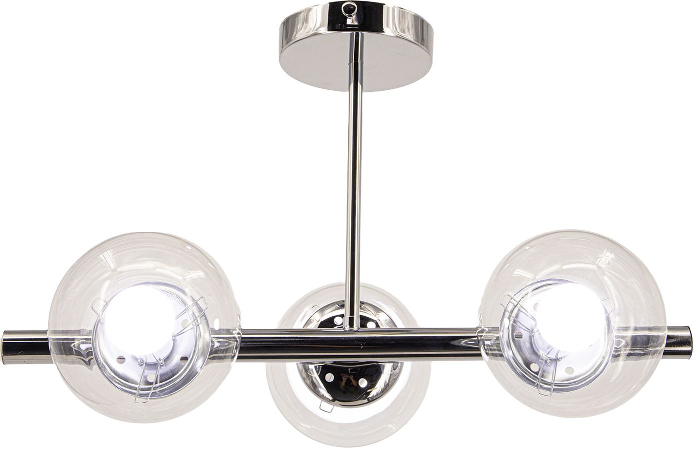Lampa wisząca Otis w kolorze chromu z trzema kulistymi kloszami z przezroczystego szkła. Ujęcie frontalne, z widoczną centralną rozetą. Każdy klosz osadzony na metalowym ramieniu, z miejscem na żarówki E27. Prosty, nowoczesny design.